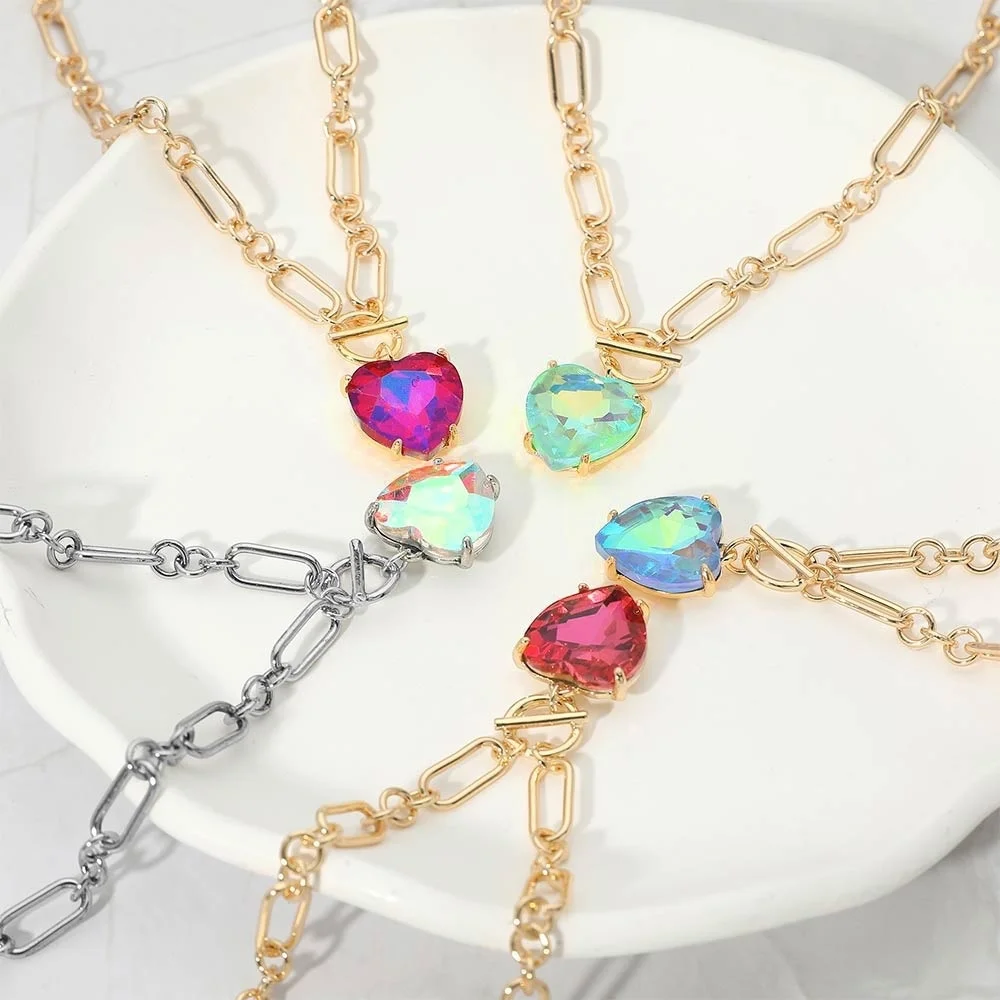 Red Heart Toggle Paperclip Link Crystal Pendant Necklace Gold Jewelry Chain